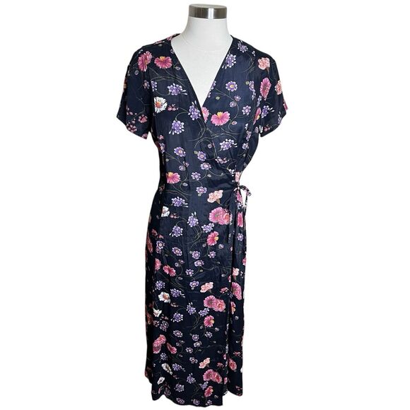 Vintage Sostanza Wrap Dress Womens Medium Dark Blue Floral Midi Short Sleeve - Picture 1 of 9